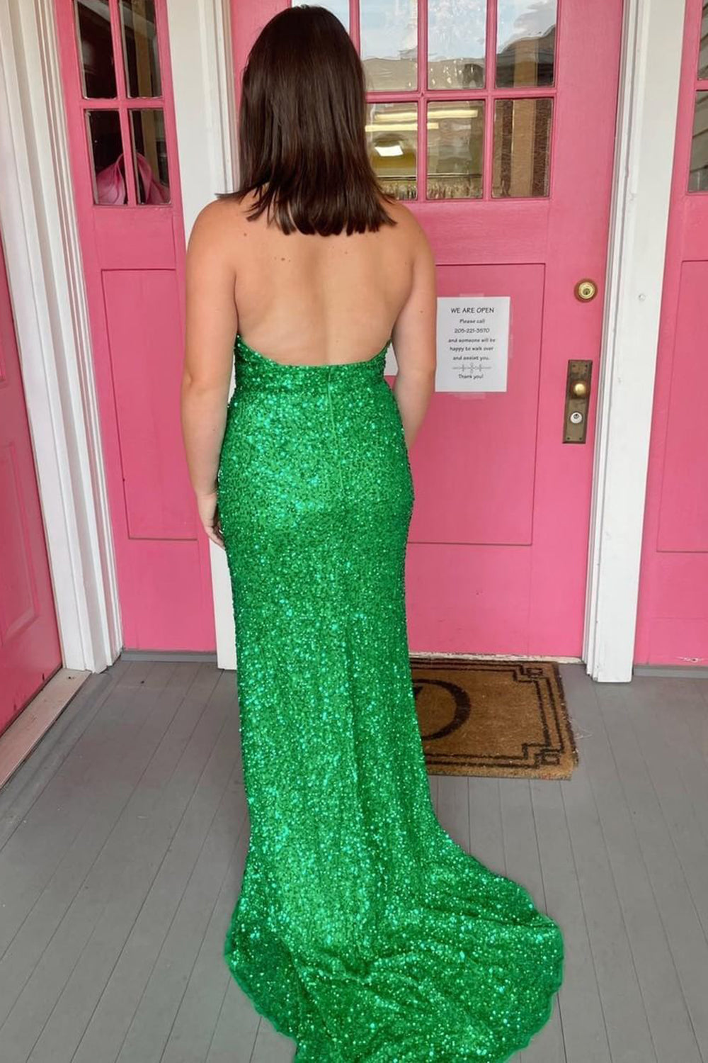 Weitese Sheath Deep V Neck Green Sequins Long Prom Dress with Split Front